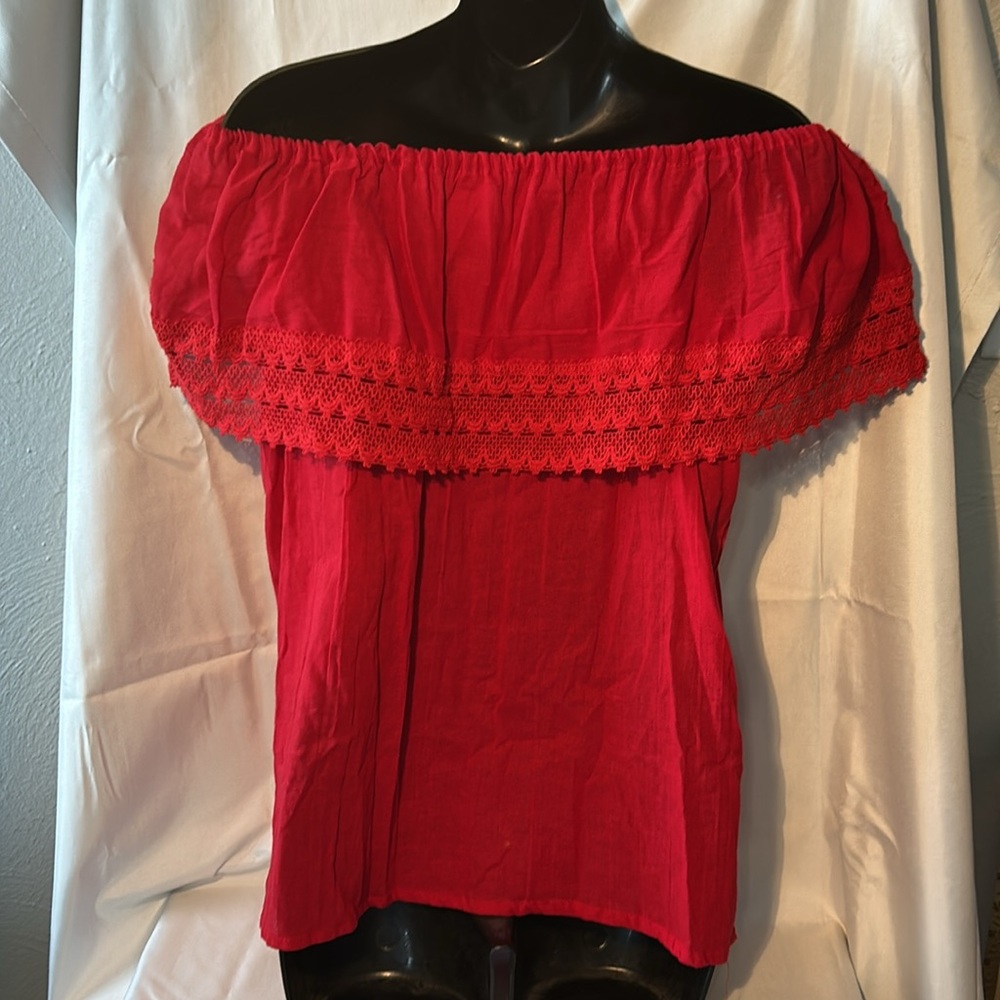 RED MEXICAN CHIAPAS BLOUSE Crochet Top Embroidered Fiesta FITS S - XL - Picture 5 of 7
